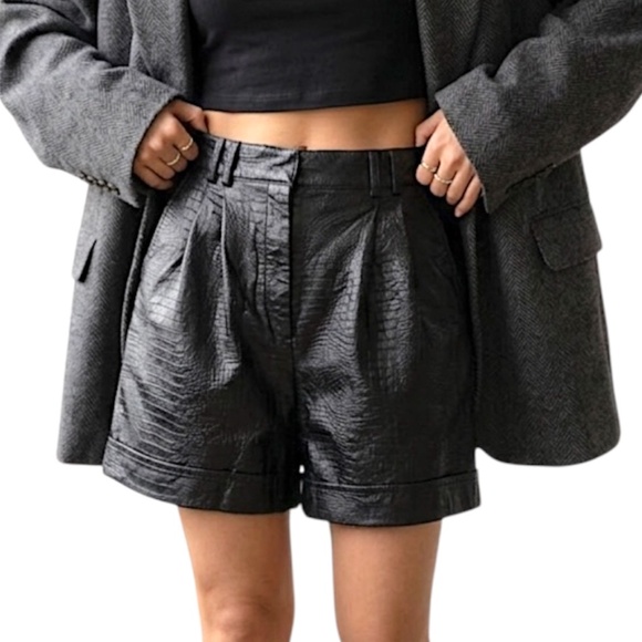 Dynamite Pants - Dynamite black faux leather croc embossed high rise pleated dressy shorts M